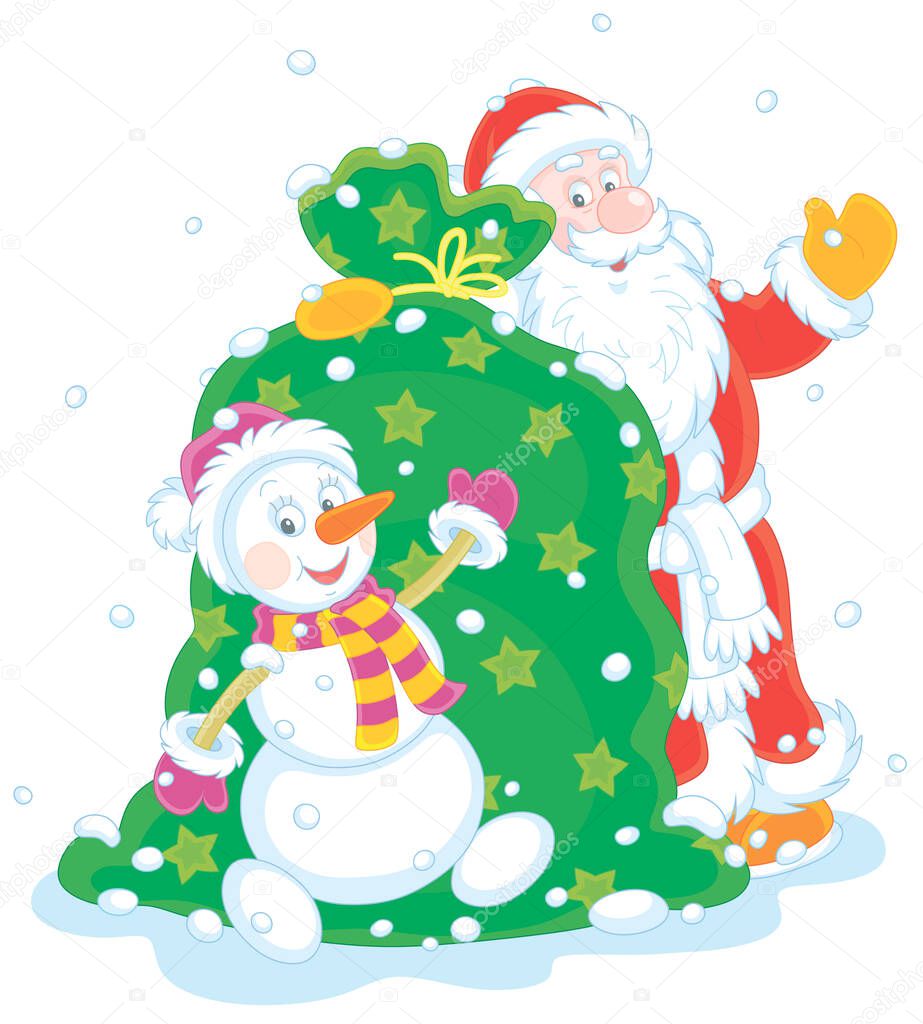 Santa Claus and a funny snowman with a large bag of winter holiday gifts for kids, vector cartoon illustration isolated on a white background