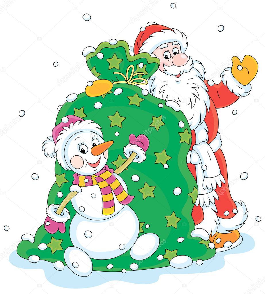 Santa Claus and a funny snowman with a large bag of winter holiday gifts for kids, vector cartoon illustration isolated on a white background