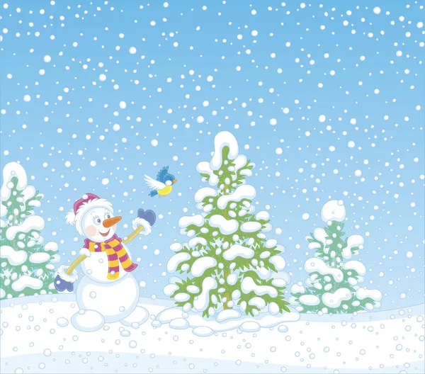 面白いおもちゃの雪だるまと冬の背景友好的な笑顔と寒い冬の日に雪の公園でかなり緑のモミの近くの陽気な小さな鳥と遊んで ベクトル漫画 — ストックベクタ