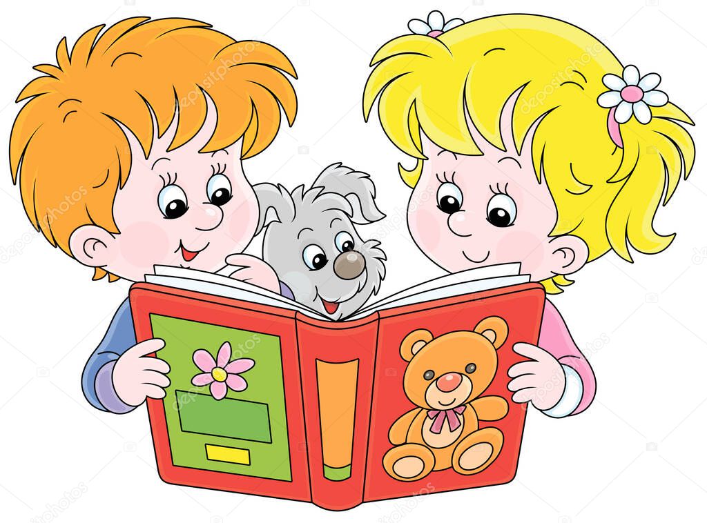 Little girl and boy and their merry puppy friendly smiling and reading an interesting illustrated book for small kids, vector cartoon illustration on a white background