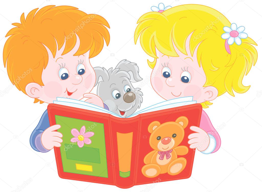 Little girl and boy and their merry puppy friendly smiling and reading an interesting illustrated book for small kids, vector cartoon illustration on a white background