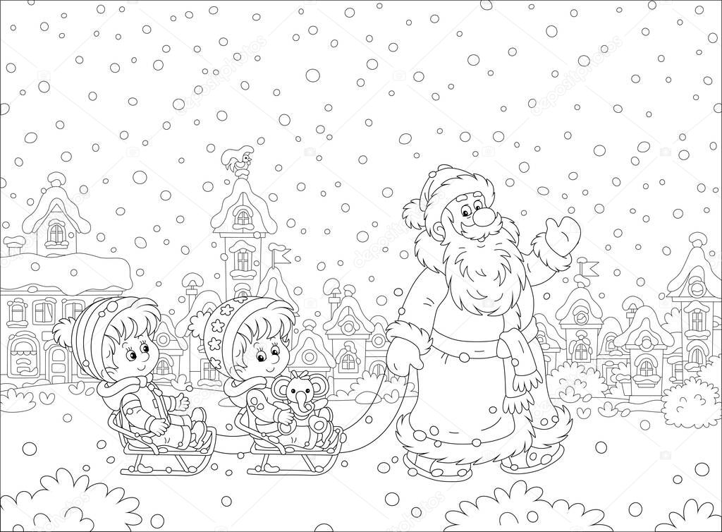 Santa Claus friendly sledding happy little kids down a snow-covered street of a pretty small town on a snowy winter day, black and white outline vector cartoon illustration for a coloring book page