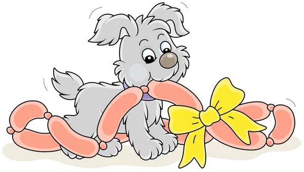 小顽皮的小狗和美味的礼物腊肠 在它的第一个生日装饰有一个弓 病媒卡通画孤立在白色的背景 — 图库矢量图片