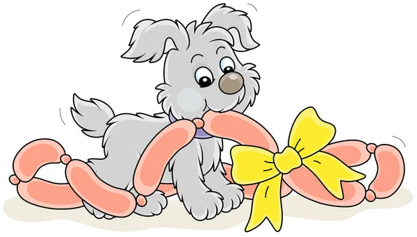 Pequeño Glotón Cachorro Juguetón Sabrosas Salchichas Regalo Decoradas Con Arco — Vector de stock