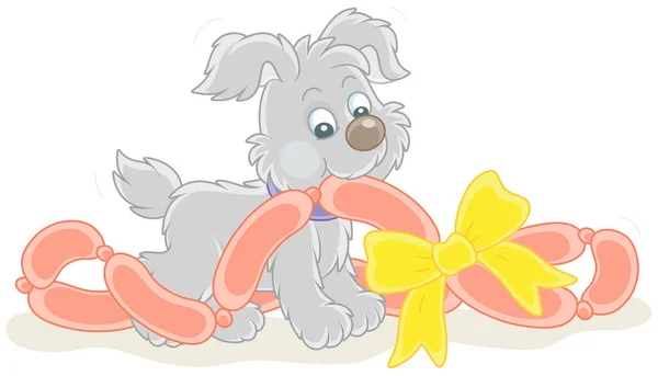 Pequeño Glotón Cachorro Juguetón Sabrosas Salchichas Regalo Decoradas Con Arco — Vector de stock