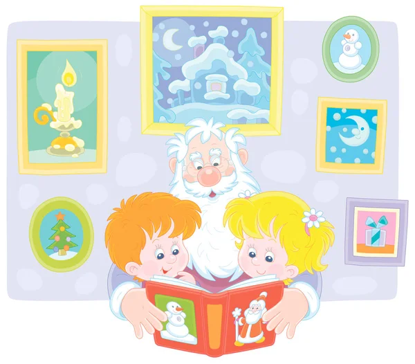 Babbo Natale Che Legge Alta Voce Libro Magico Fiabe Bambini — Vettoriale Stock