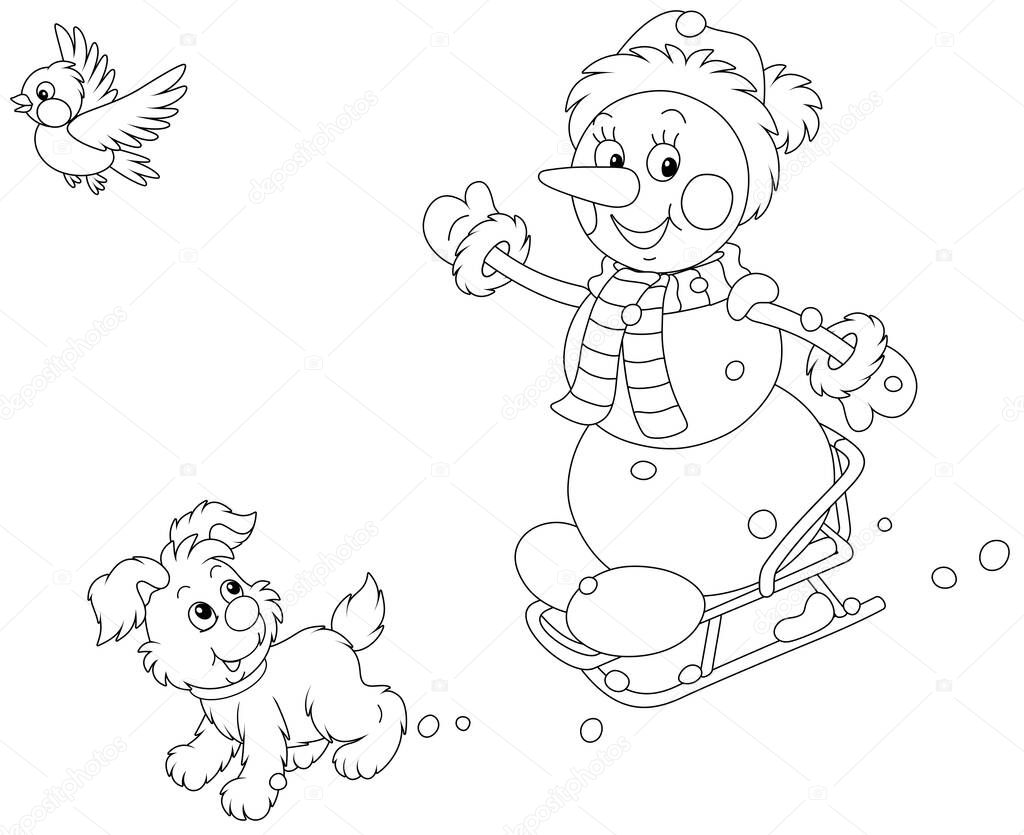 Happy little snowman and a merry small puppy cheerfully sledding down a snow hill on a playground, black and white outline vector cartoon illustration for a coloring book page