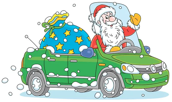 圣诞老人友善地微笑着 挥挥手致意 开着一辆漂亮的红色玩具车 车上装有一大袋送给孩子们的圣诞礼物 上面有白色的矢量卡通画 — 图库矢量图片