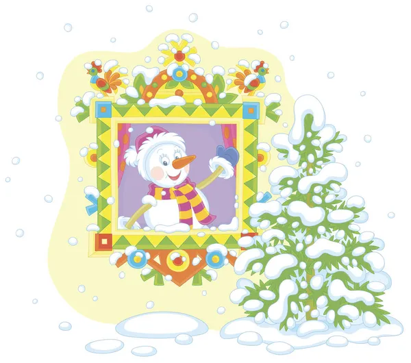 面白いおもちゃの雪だるま優しい笑顔 カラフルな装飾された木製の窓の外を見て 挨拶で手を振って 白い上に隔離されたベクトル漫画のイラスト — ストックベクタ