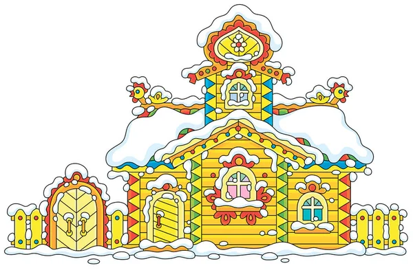 Casa Tradicional Madera Campo Con Decoraciones Talladas Cubiertas Nieve Navidad — Vector de stock