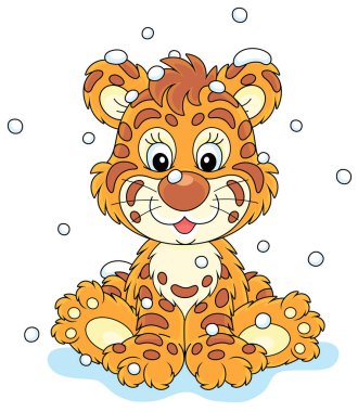 Dostane gülümseyen şirin bebek kaplan karda oturuyor, beyaz arka planda izole edilmiş vektör karikatür çizimi.