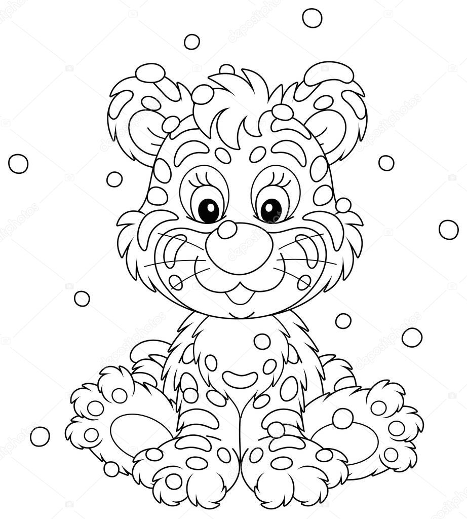 Friendly smiling cute baby tiger sitting on snow, black and white outline vector cartoon illustration for a coloring book page
