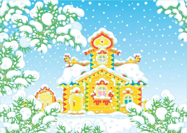 多雪的冬日 传统的乡村木屋 装饰着五彩缤纷的雕花 病媒卡通画 — 图库矢量图片