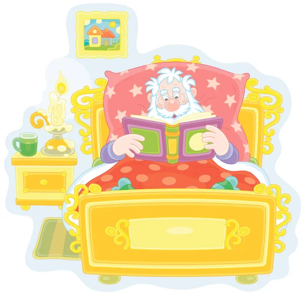 Santa Claus Acostado Vieja Cama Leyendo Interesante Libro Cuentos Luz — Vector de stock