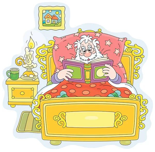 Papai Noel Deitado Sua Antiga Cama Lendo Interessante Livro Histórias — Vetor de Stock