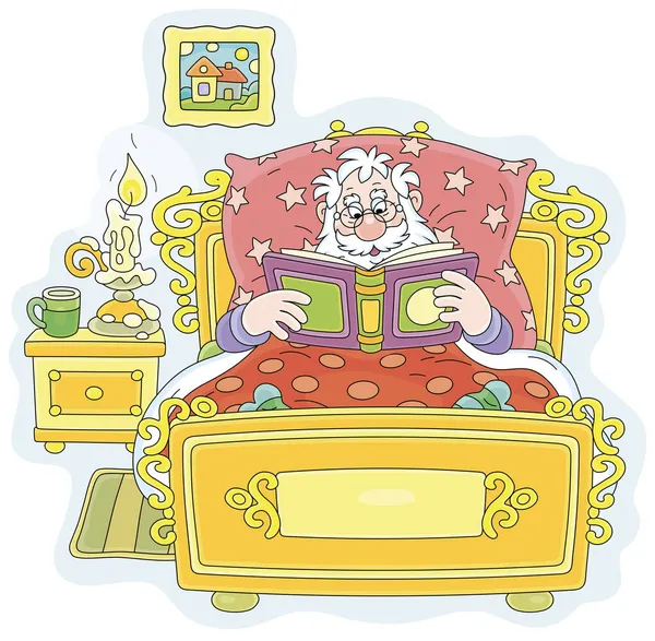Santa Claus Lying His Old Bed Reading Interesting Storybook Candlelight — Stock Vector