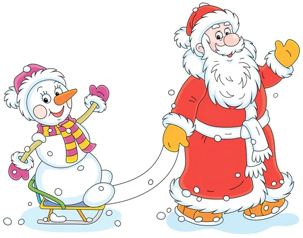 Santa Claus Sonriendo Amigable Agitando Mano Saludo Trineo Muñeco Nieve — Vector de stock