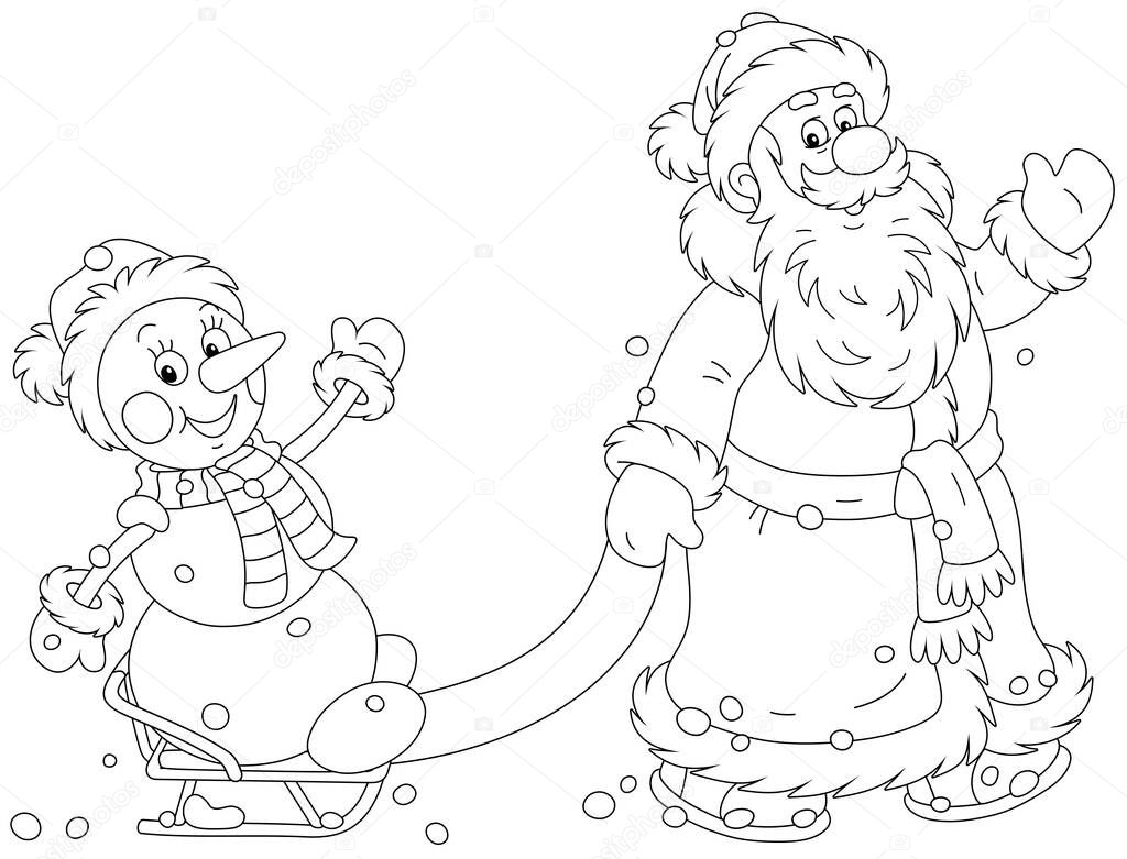 Santa Claus friendly smiling, waving his hand in greeting and sledding a happy toy snowman, black and white outline vector cartoon illustration for a coloring book page
