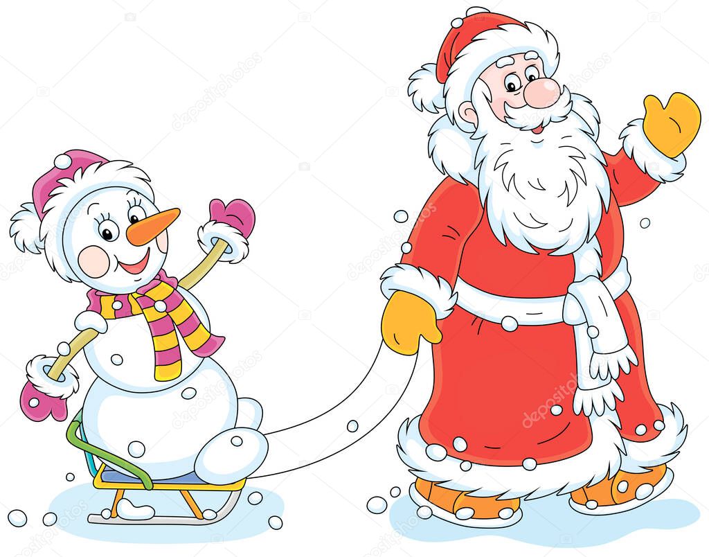 Santa Claus friendly smiling, waving his hand in greeting and sledding a happy toy snowman, vector cartoon illustration isolated on a white background