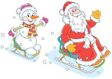 Noel Baba ve mutlu bir kardan adam kar parkında kar tepelerinden kayarak kayıyorlar. Beyaz bir arka planda izole edilmiş vektör karikatür çizimleri.