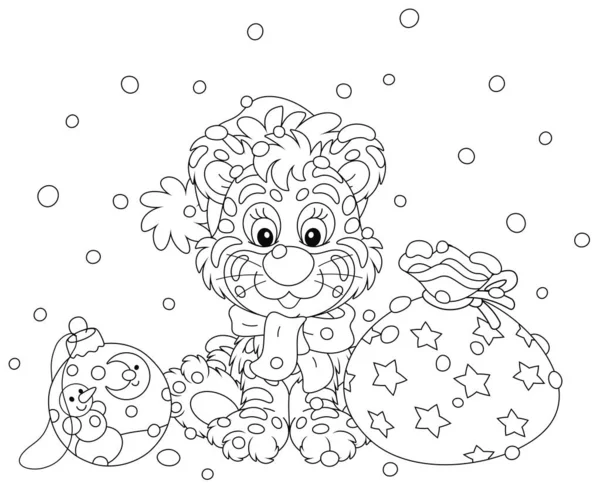 모자를 귀여운 호랑이가 아름다운 크리스마스 장난감 페이지를 흑백의 만화를 그리고 — 스톡 벡터