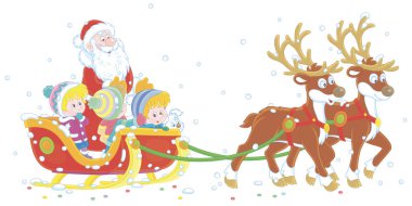 Noel Baba sihirli kızağıyla mutlu küçük çocuklara biniyor. Karlı bir Noel gününde neşeli ren geyikleriyle. Beyaz arka planda izole edilmiş vektör karikatür çizimi.