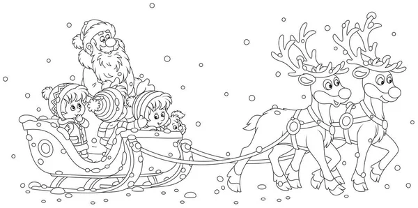 Санта Клаус Катается Счастливых Маленьких Детях Волшебных Санях Веселыми Северными — стоковый вектор