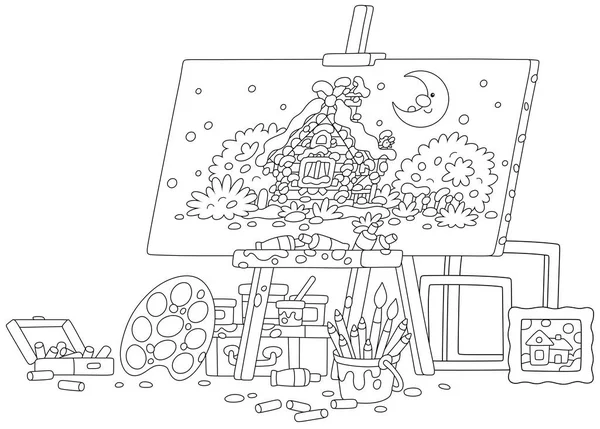 圣诞老人艺术工作室的画架 画布上一个被雪覆盖的漂亮小屋的图片 彩色的材料 铅笔和画框 白色背景上的矢量漫画 — 图库矢量图片