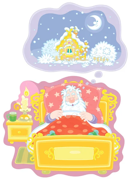圣诞老人躺在他那张漂亮的旧床上 睡着了 看到了一个梦幻般的冬日仙境 那是一幅白色背景下的病媒卡通画 — 图库矢量图片