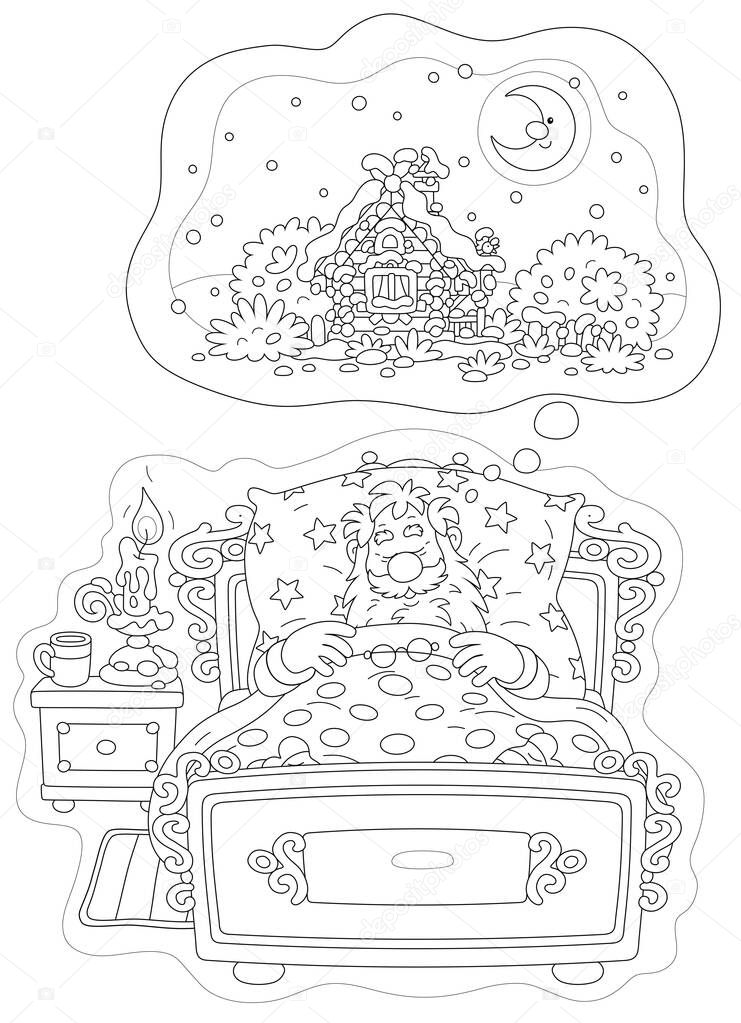 Santa Claus lying in his beautiful old bed, sleeping and seeing a fabulous dream about a winter fairyland, black and white outline vector cartoon illustration for a coloring book page