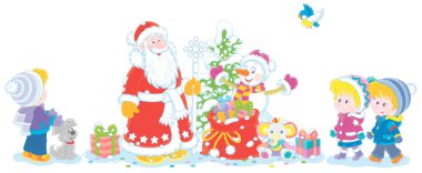 Noel Baba ve karlı bir Noel ağacı olan komik bir kardan adam ve küçük çocuklar için sihirli bir hediye çantası beyaz arka planda izole edilmiş vektör karikatür çizimi.