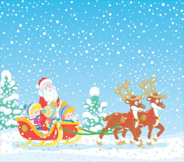 Noel Baba 'nın neşeli bir Noel gününde neşeli geyikleriyle sihirli kızağıyla mutlu küçük çocuklara bindiği kış geçmişi, vektör karikatür çizimi.