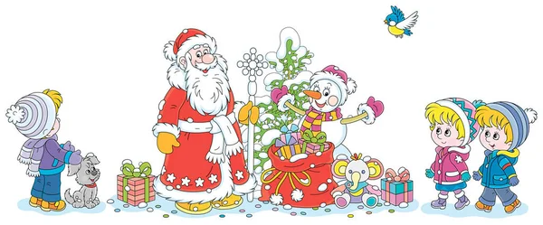 サンタクロースと雪のクリスマスモミの木と小さな子供のための休日の贈り物の魔法の袋と面白いおもちゃの雪だるま 白い背景に隔離されたベクトル漫画のイラスト — ストックベクタ