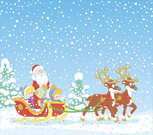 冬の背景とともにサンタクロースは雪のクリスマスの日に陽気なトナカイと彼の魔法のそりで幸せな小さな子供に乗って ベクトル漫画のイラスト — ストックベクタ
