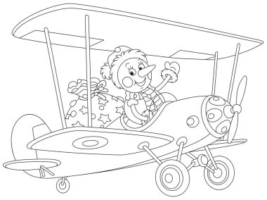 Oyuncak bir uçakta uçan komik kardan adam küçük çocuklar için büyük bir çanta dolusu bayram hediyesiyle, boyama kitabı için siyah beyaz çizgili vektör çizimi