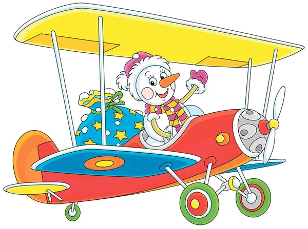 Bonhomme Neige Drôle Volant Sur Avion Jouet Coloré Avec Grand — Image vectorielle