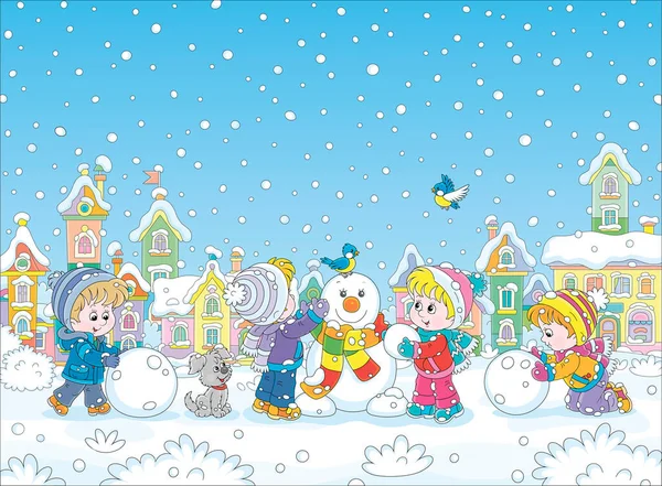 Niños Pequeños Felices Haciendo Grandes Bolas Nieve Esculpiendo Muñeco Nieve — Vector de stock