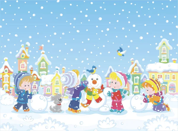 小さな町の雪の公園で冬の遊び場でカラフルなストライプのスカーフで大きな雪玉を作り 面白い雪だるまを彫刻する幸せな小さな子供たち ベクトル漫画のイラスト — ストックベクタ