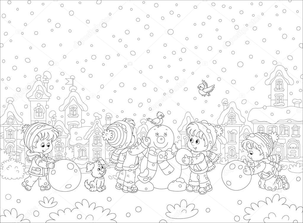 Happy little kids making big snow balls and sculpting a funny snowman with a striped scarf on a winter playground in a snowy park of a pretty small town, black and white vector cartoon illustration