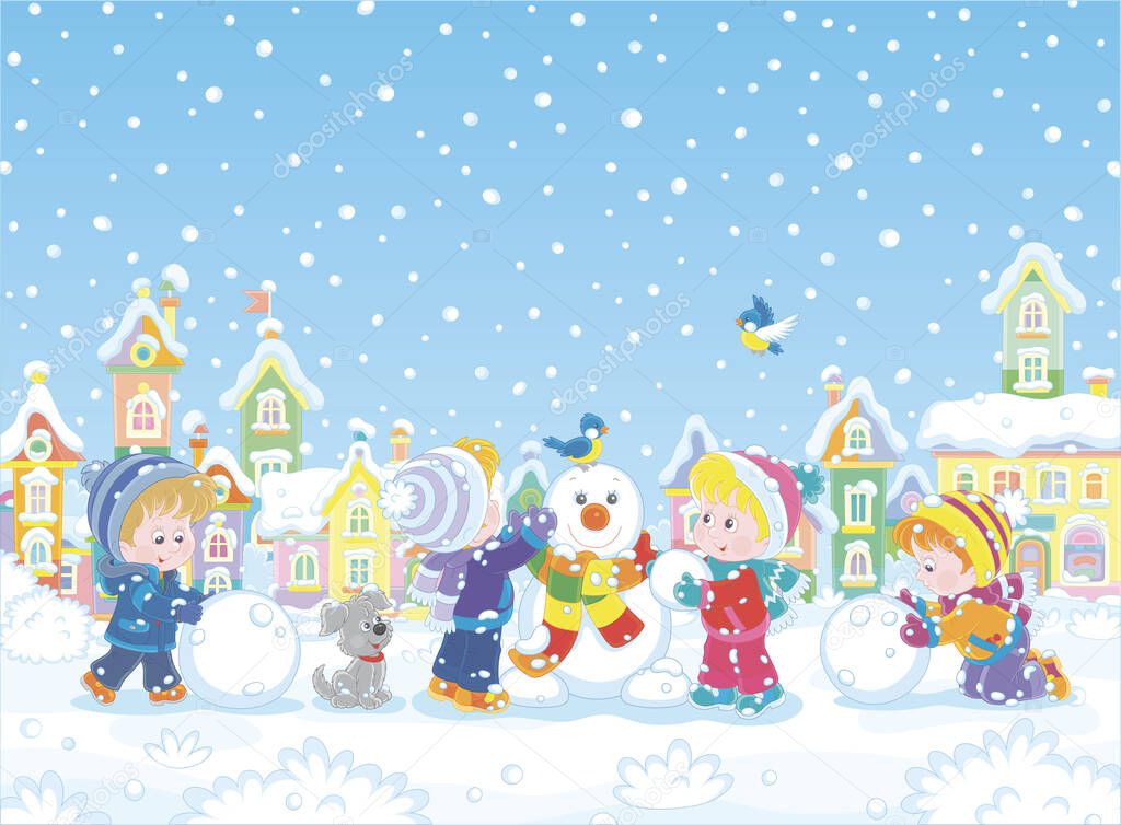 Happy little kids making big snow balls and sculpting a funny snowman with a colorful striped scarf on a winter playground in a snowy park of a pretty small town, vector cartoon illustration