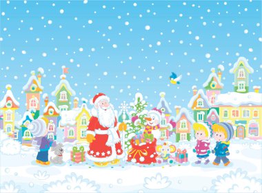 Noel Baba ve Noel ağacı olan komik bir kardan adam ve küçük çocuklar için sihirli bir hediye çantası oldukça küçük bir kasabanın karlı bir parkında, vektör karikatür çizimi.