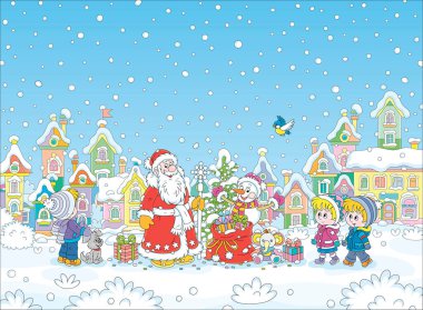 Noel Baba ve Noel ağacı olan komik bir kardan adam ve küçük çocuklar için sihirli bir hediye çantası oldukça küçük bir kasabanın karlı bir parkında, vektör karikatür çizimi.
