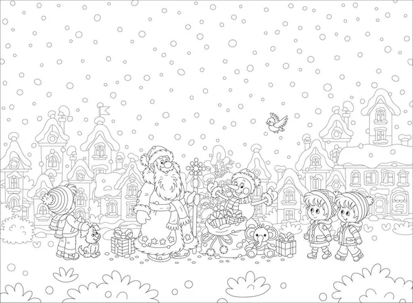 サンタクロースとクリスマスモミの木とかなり小さな町の雪の公園で小さな子供のための休日の贈り物の魔法の袋を持つ面白いおもちゃの雪だるま ベクトル漫画のイラスト — ストックベクタ