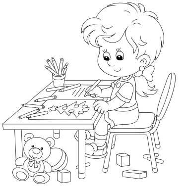 Mutlu küçük kız, Noel Baba 'ya bir hediye listesi çiziyor ve boyama kitabı için siyah-beyaz vektör çizimi çiziyor.