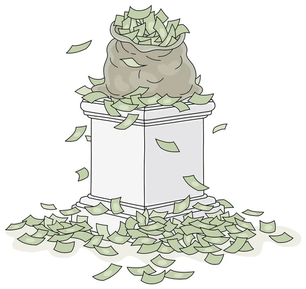 Grande Saco Dinheiro Pedestal Triunfal Entre Uma Pilha Notas Ilustração — Vetor de Stock