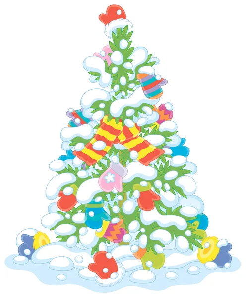 Albero Abete Natale Verde Nevoso Decorato Con Muffole Colorate Bambini — Vettoriale Stock