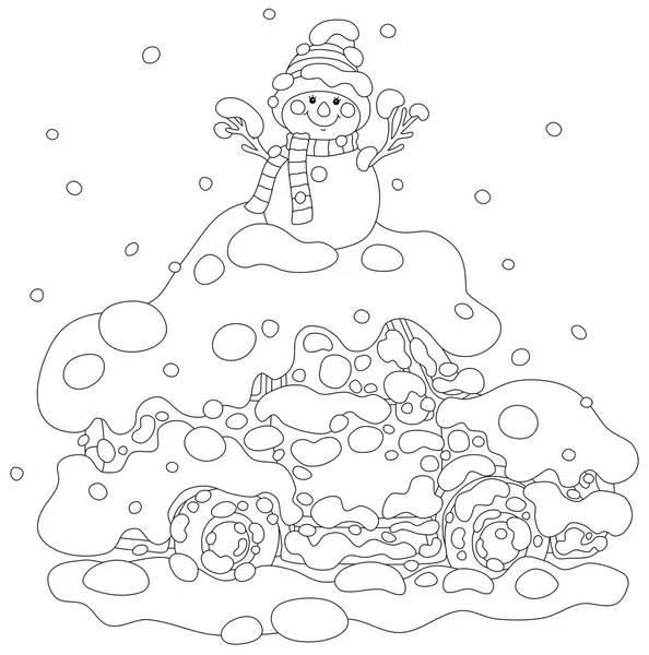 在寒冷的冬日里 雪人带着温暖的帽子和一条带条纹的围巾坐在雪地覆盖的车顶上 这是一个有趣的玩具雪人 — 图库矢量图片