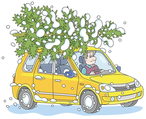 Αστείος Οδηγός Ένα Χαριτωμένο Κίτρινο Αυτοκίνητο Που Μεταφέρουν Ένα Πράσινο Διάνυσμα Αρχείου