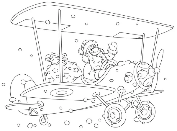 圣诞老人乘着他的飞机在降雪中飞行 为孩子们提着一大袋神奇的寒假礼物 为一本着色书籍画着黑白相间的图解 — 图库矢量图片