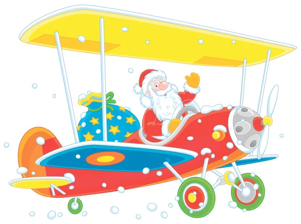 サンタクロースは雪を通してカラフルな飛行機に乗って飛んで 小さな子供のための冬の休日の贈り物の大きな魔法の袋を持っています 白い背景に隔離されたベクトル漫画のイラスト — ストックベクタ